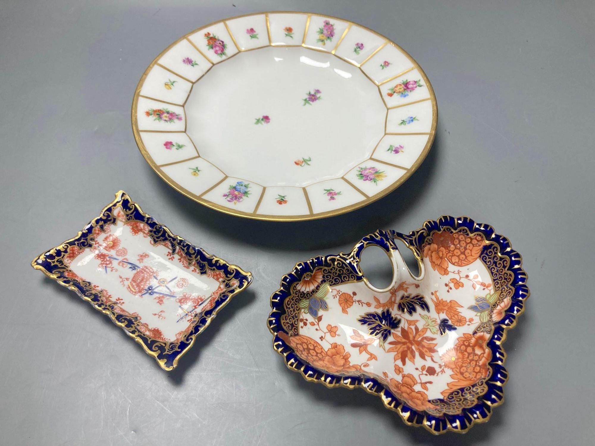 Two Royal Crown Derby dishes and a Royal Copenhagen plate, 26cm